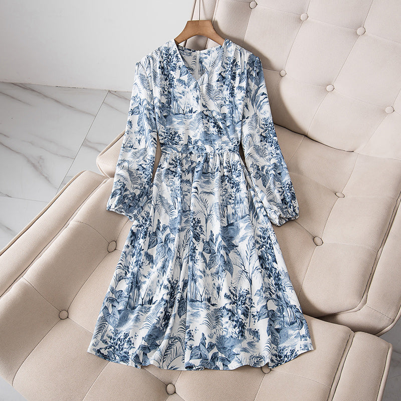 Plus Size Wrap Floral Sketch Long Sleeve Dress