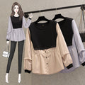 Plus Size Colourblock Button Long Sleeve Blouse
