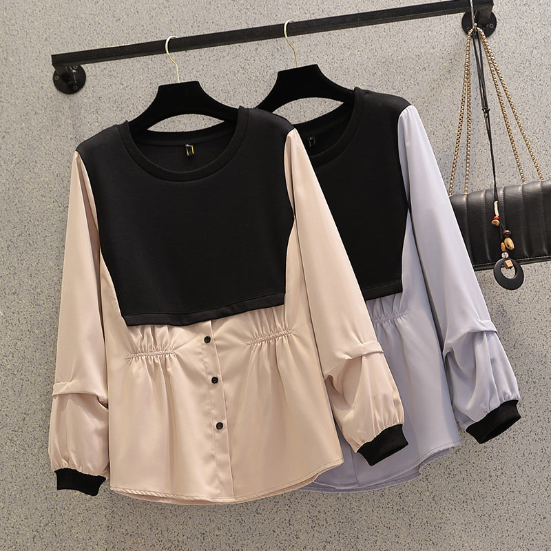 Plus Size Colourblock Button Long Sleeve Blouse