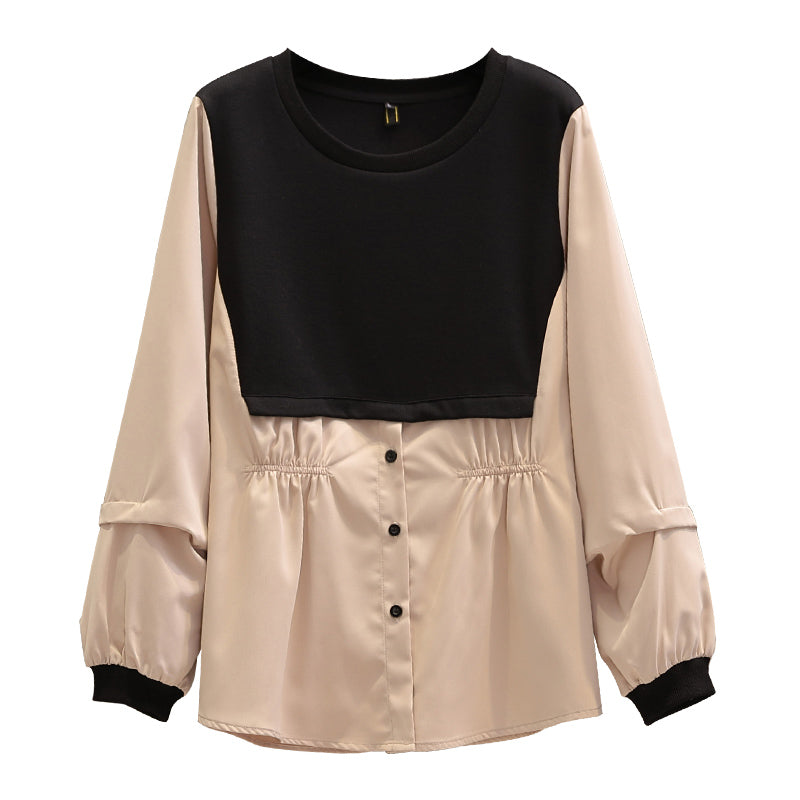 Plus Size Colourblock Button Long Sleeve Blouse
