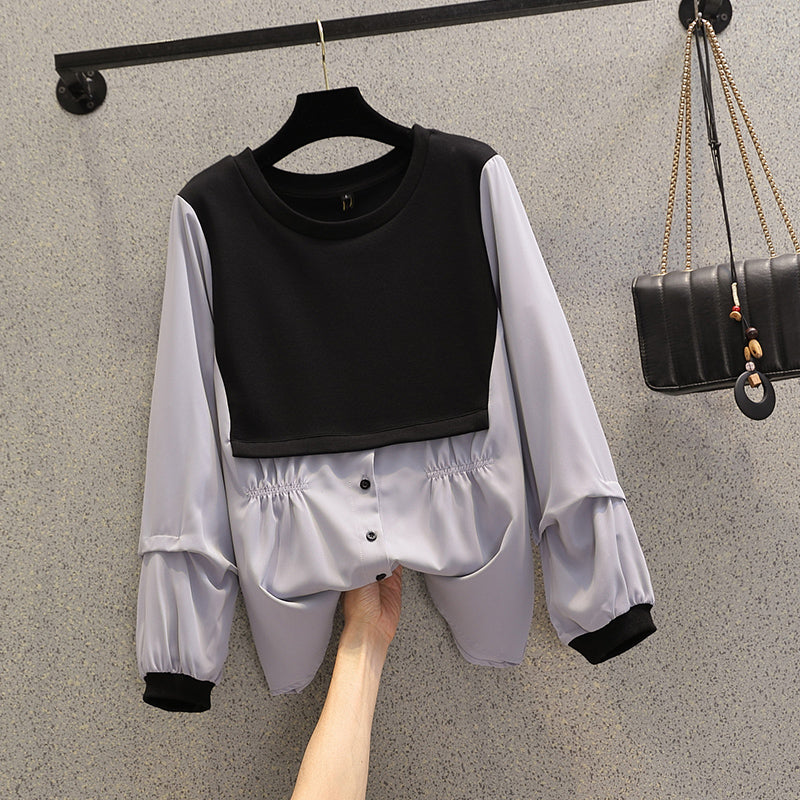 Plus Size Colourblock Button Long Sleeve Blouse
