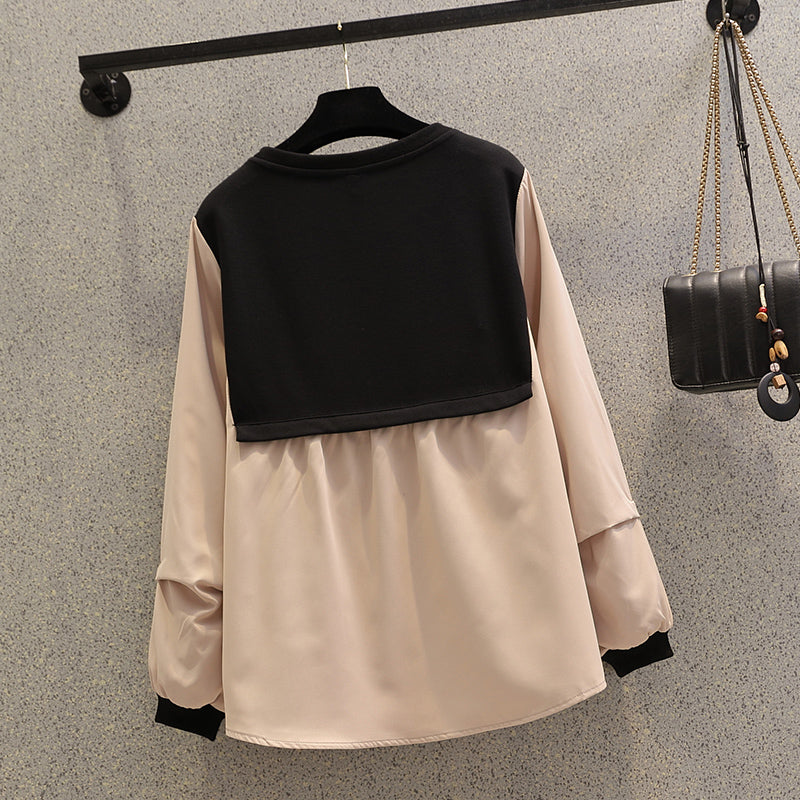 Plus Size Colourblock Button Long Sleeve Blouse