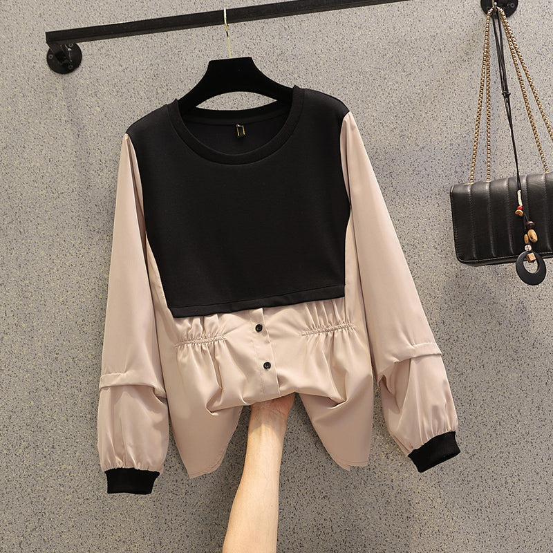 Plus Size Colourblock Button Long Sleeve Blouse