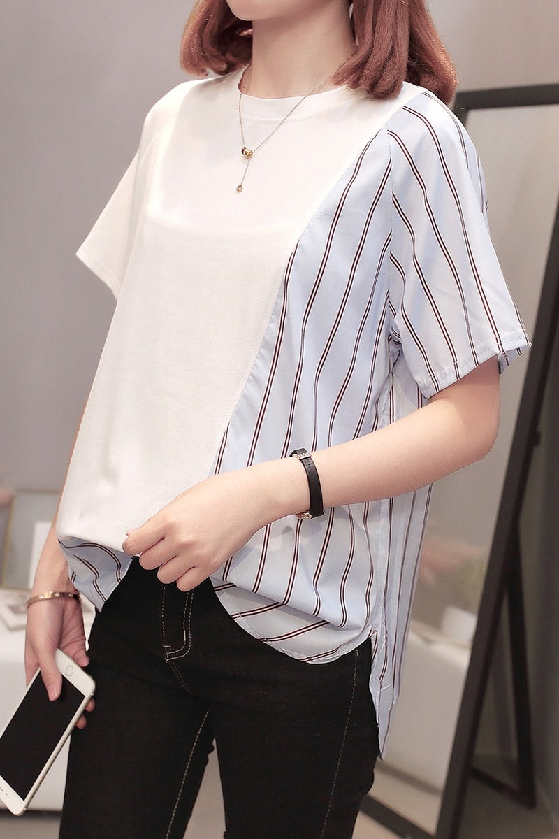 Plus Size Blue Stripes Side Blouse