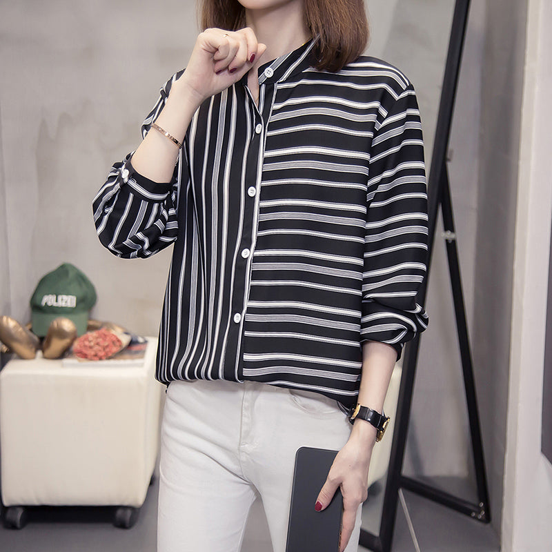 Plus Size Contrast Stripes Long Sleeve Shirt Blouse