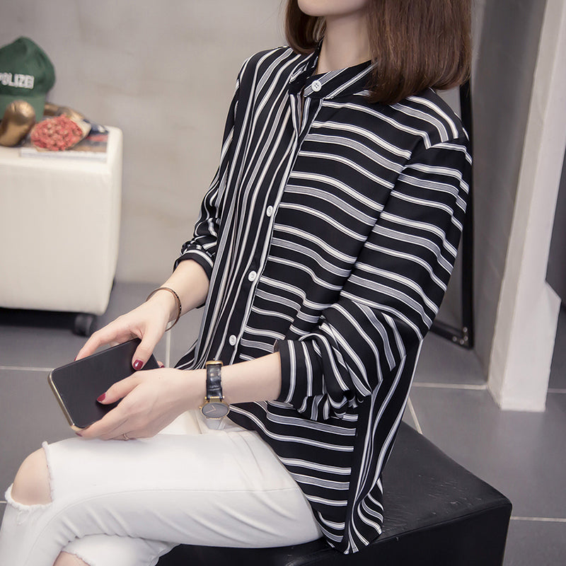 Plus Size Contrast Stripes Long Sleeve Shirt Blouse
