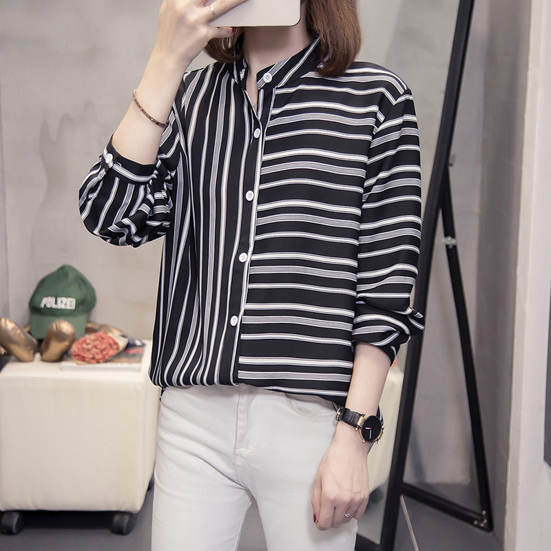 Plus Size Contrast Stripes Long Sleeve Shirt Blouse