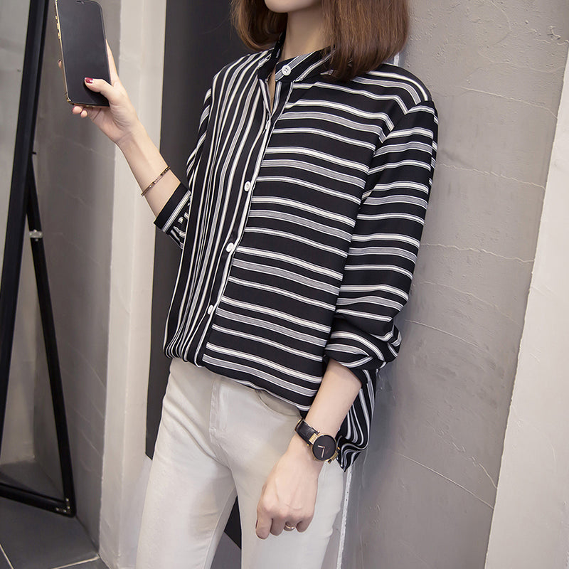 Plus Size Contrast Stripes Long Sleeve Shirt Blouse