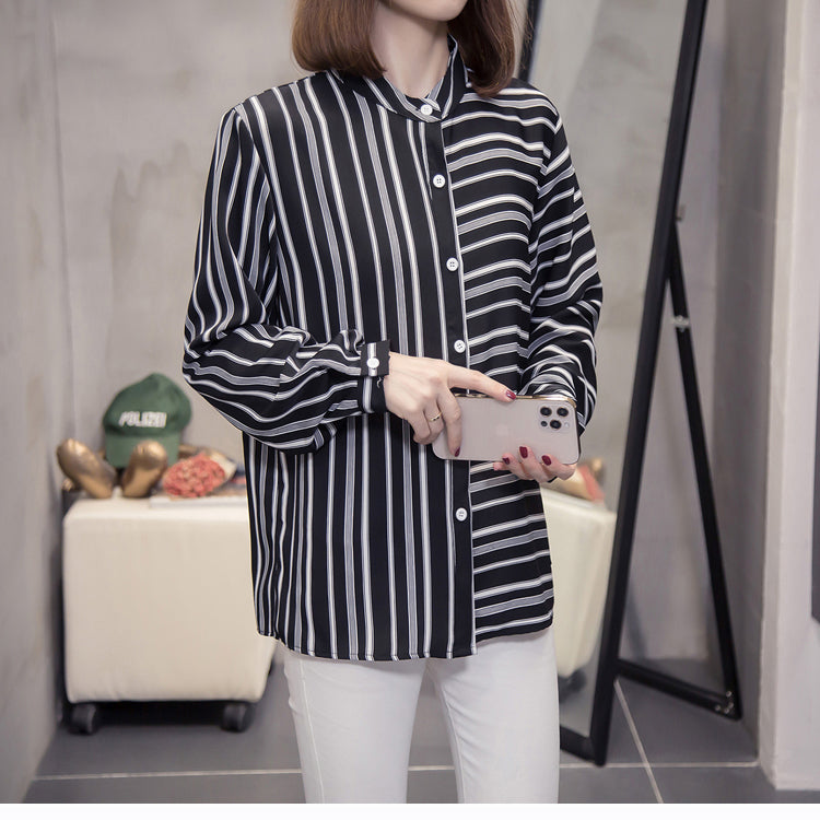 Plus Size Contrast Stripes Long Sleeve Shirt Blouse