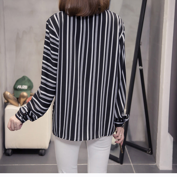 Plus Size Contrast Stripes Long Sleeve Shirt Blouse
