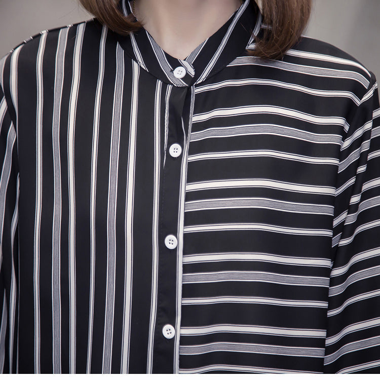 Plus Size Contrast Stripes Long Sleeve Shirt Blouse