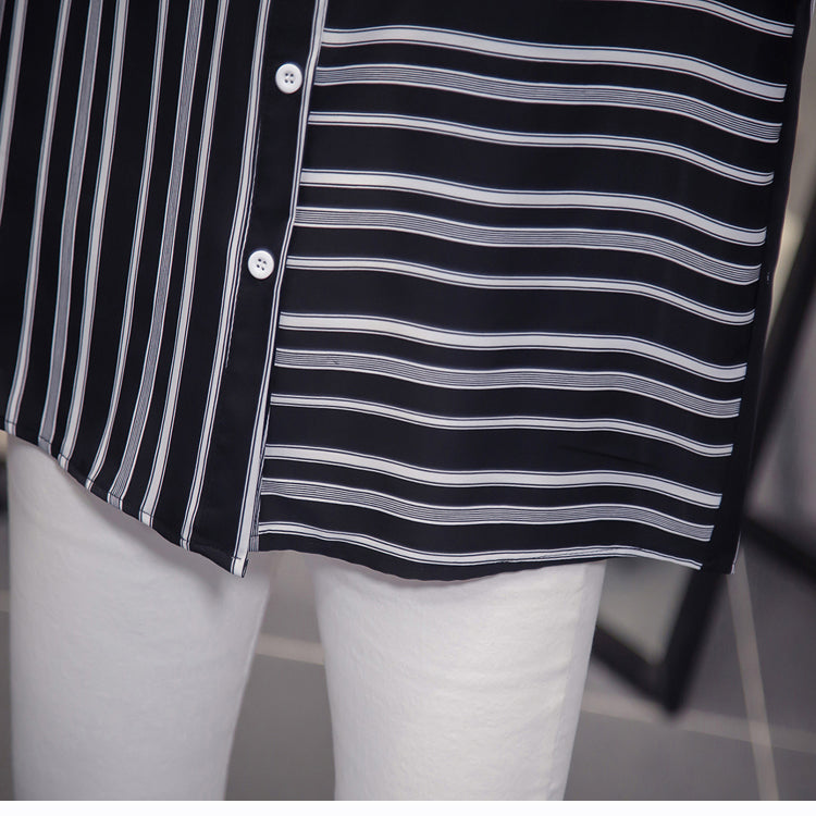 Plus Size Contrast Stripes Long Sleeve Shirt Blouse