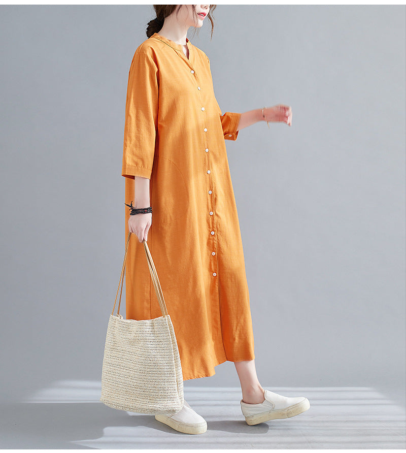 Plus Size Notch Neck Buttons Midi Dress