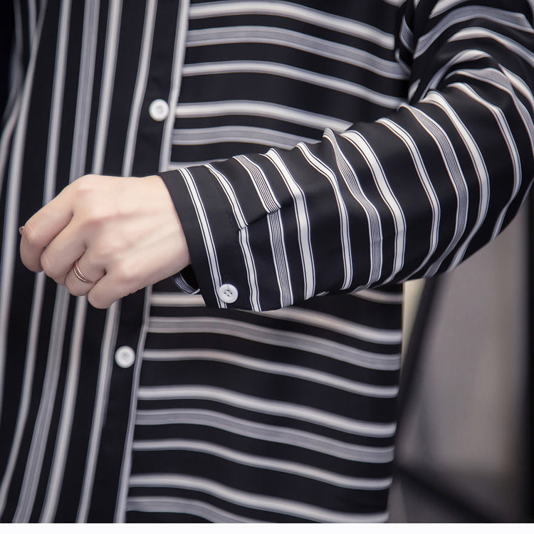 Plus Size Contrast Stripes Long Sleeve Shirt Blouse