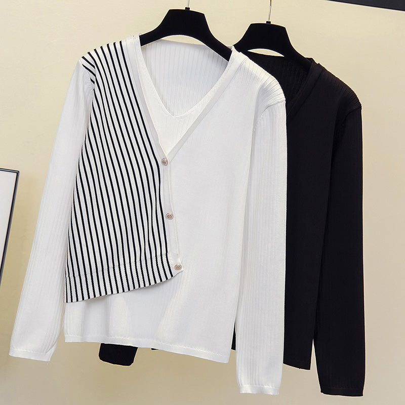 Plus Size Stripes Buttons Knit V Neck Long Sleeve Top