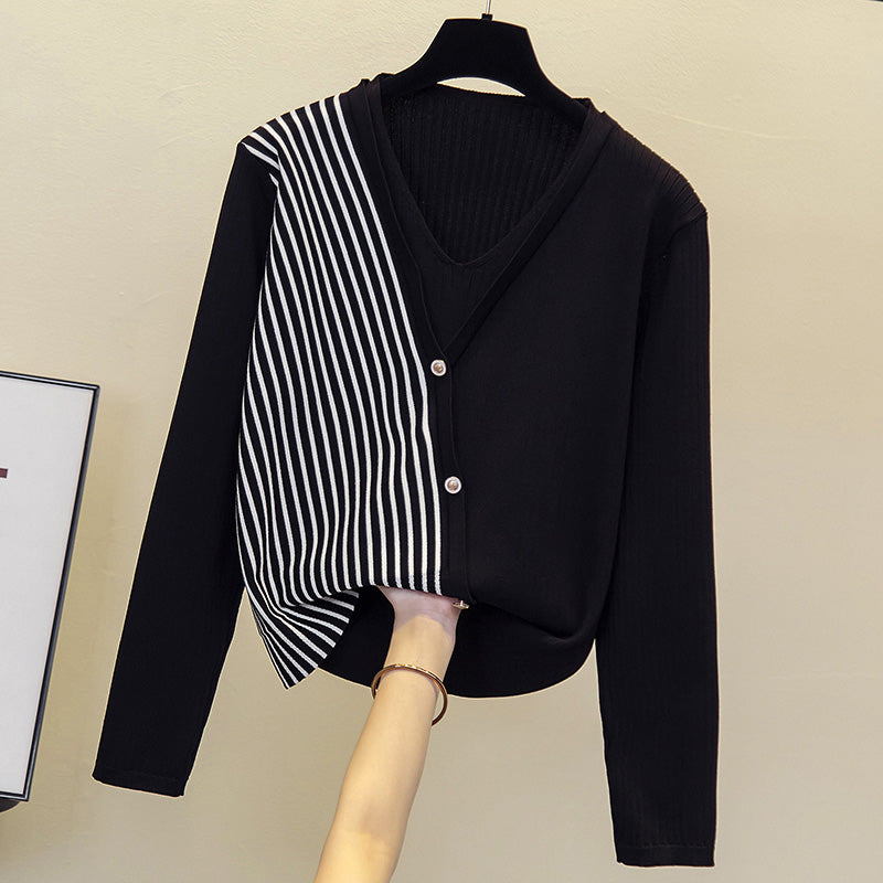 Plus Size Stripes Buttons Knit V Neck Long Sleeve Top