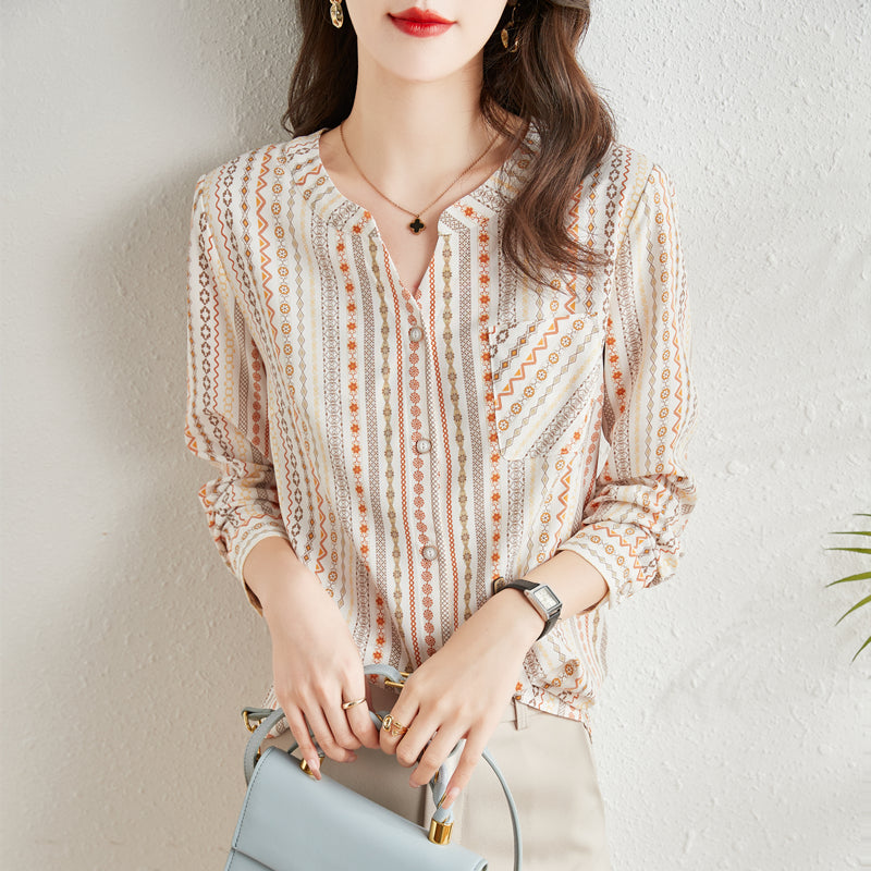 Plus Size French Print Long Sleeve Blouse