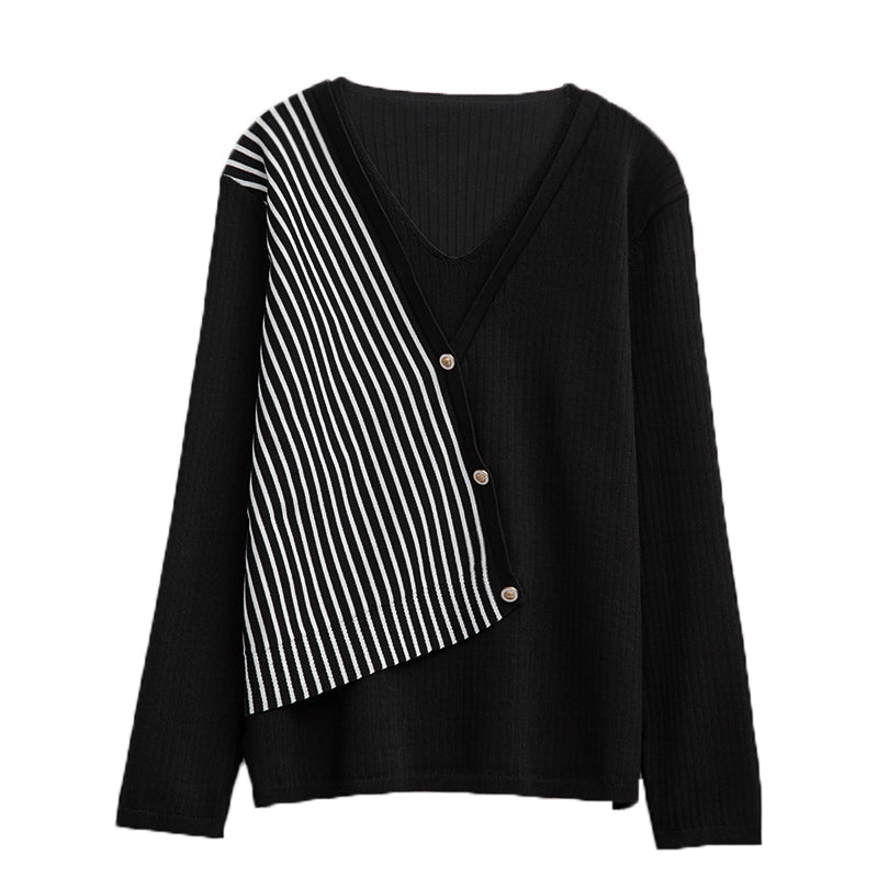 Plus Size Stripes Buttons Knit V Neck Long Sleeve Top