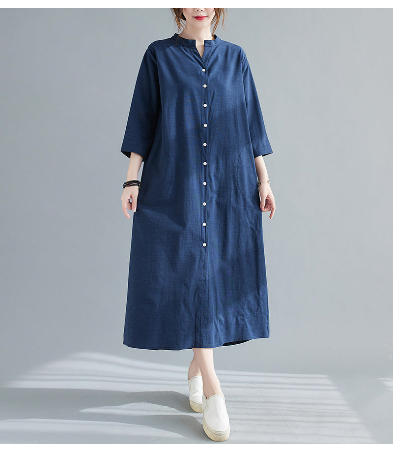 Plus Size Notch Neck Buttons Midi Dress