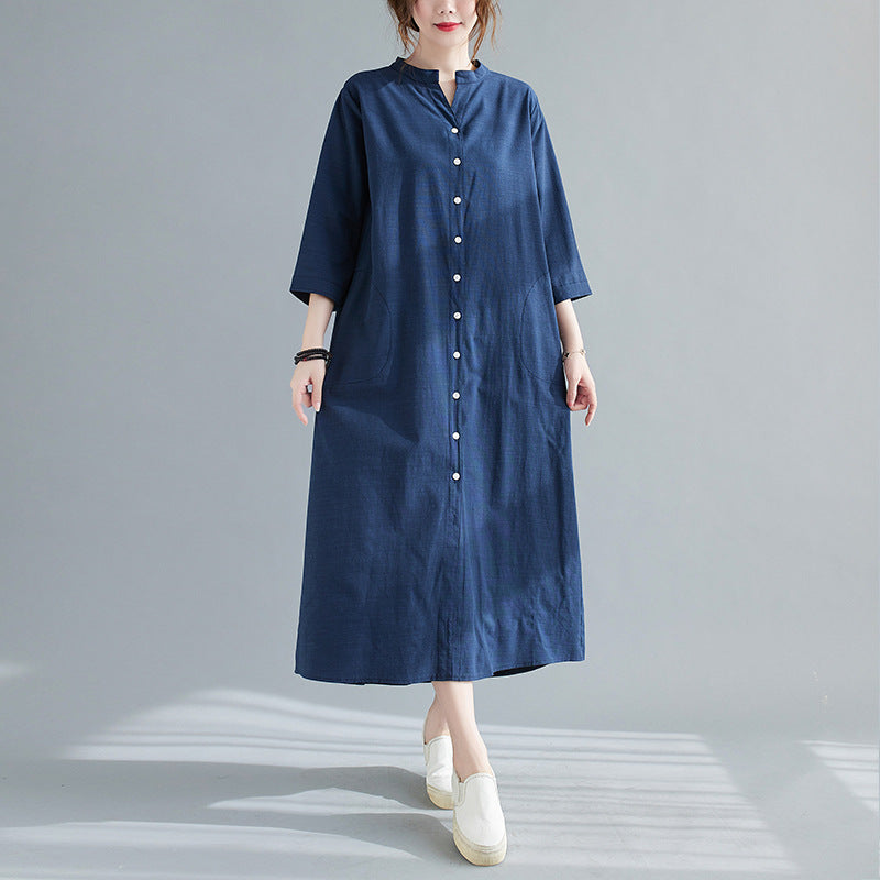 Plus Size Notch Neck Buttons Midi Dress