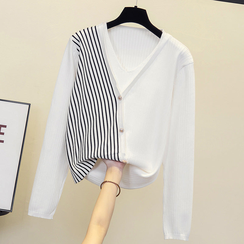 Plus Size Stripes Buttons Knit V Neck Long Sleeve Top