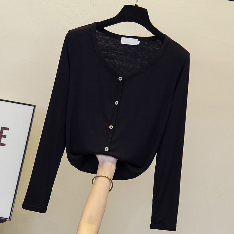 Plus Size Buttons V Neck Long Sleeve T Shirt Top