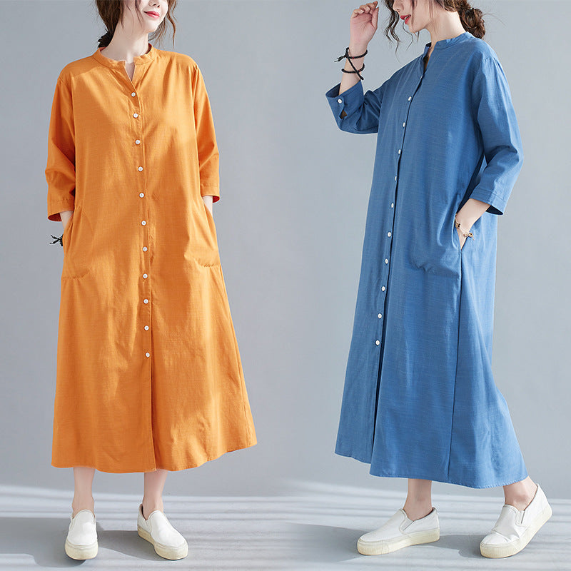 Plus Size Notch Neck Buttons Midi Dress