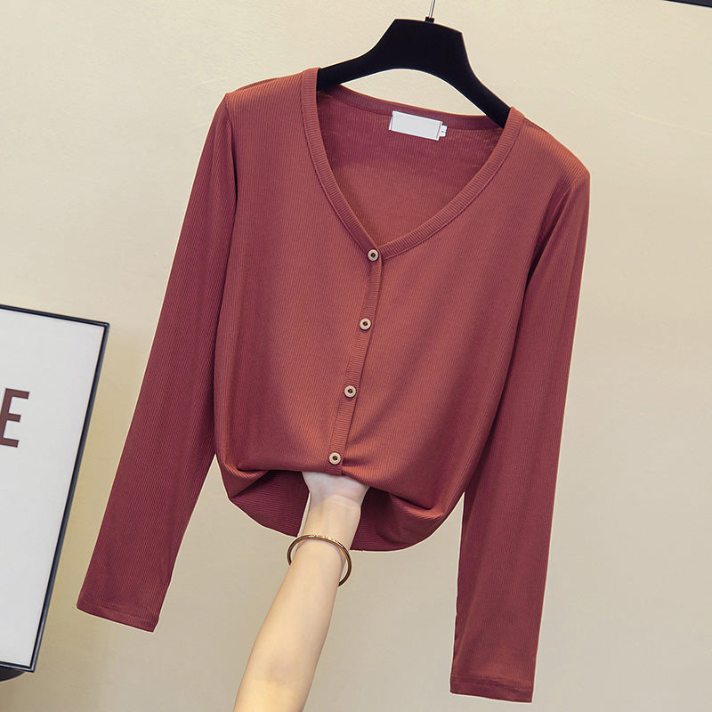 Plus Size Buttons V Neck Long Sleeve T Shirt Top