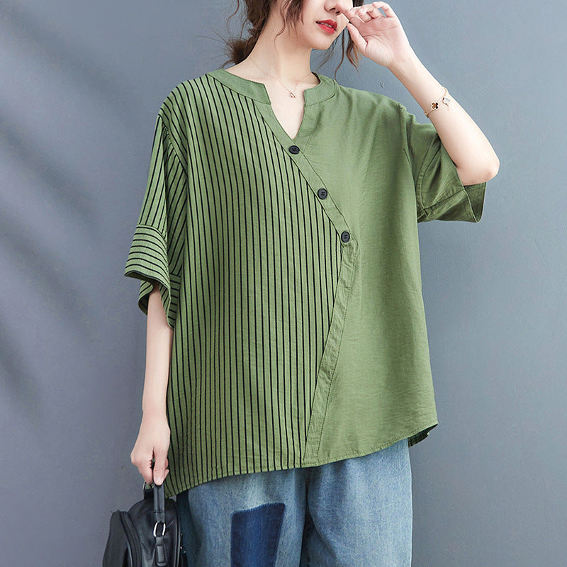 Plus Size Cotton Stripes Notch Neck Blouse