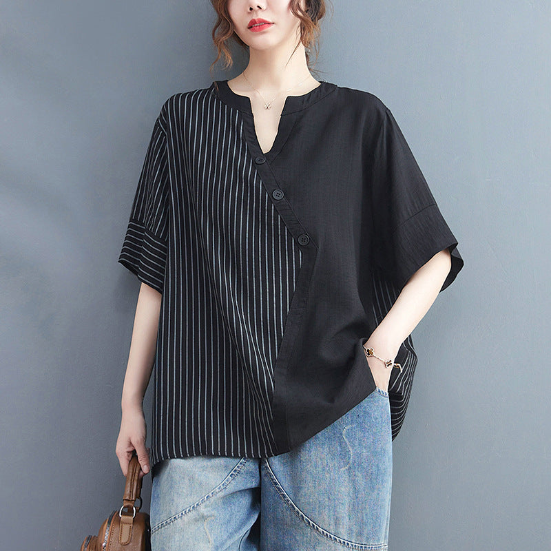 Plus Size Cotton Stripes Notch Neck Blouse
