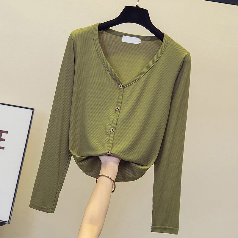 Plus Size Buttons V Neck Long Sleeve T Shirt Top