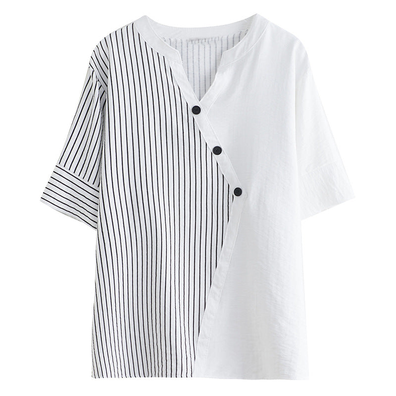 Plus Size Cotton Stripes Notch Neck Blouse