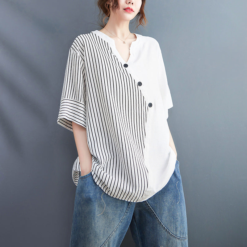 Plus Size Cotton Stripes Notch Neck Blouse
