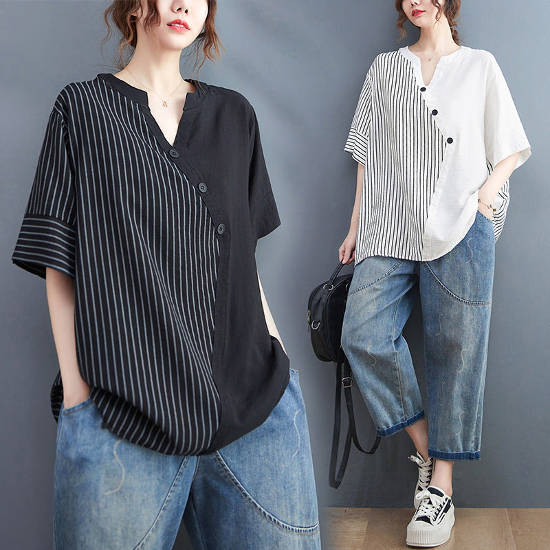 Plus Size Cotton Stripes Notch Neck Blouse