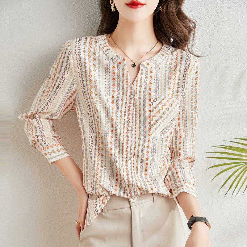 Plus Size French Print Long Sleeve Blouse