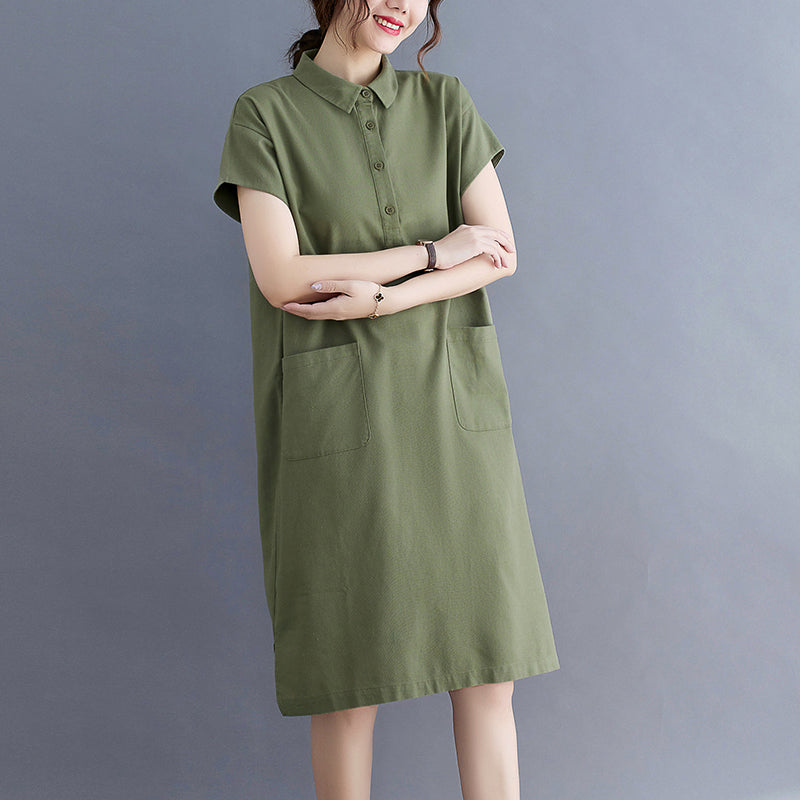 Plus Size Cotton Linen Pocket Polo Dress