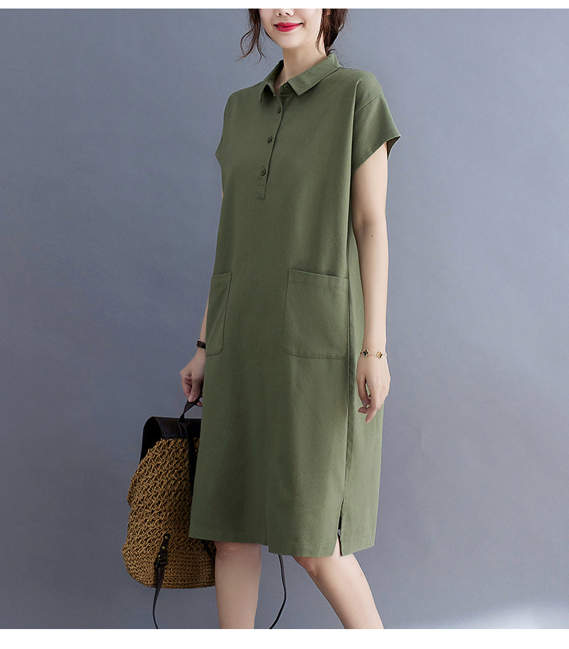 Plus Size Cotton Linen Pocket Polo Dress