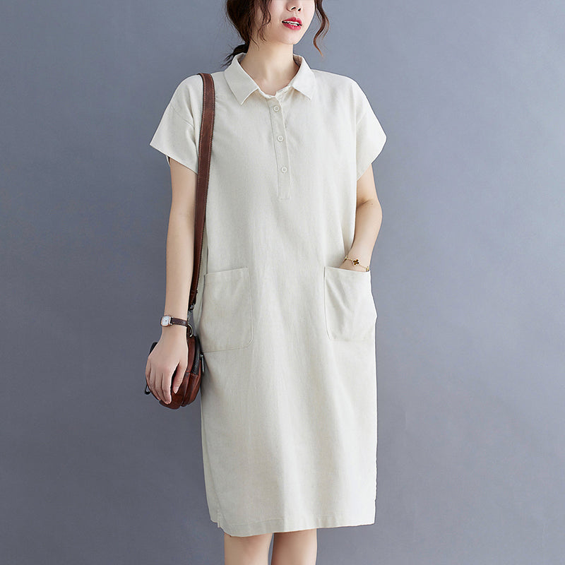 Plus Size Cotton Linen Pocket Polo Dress