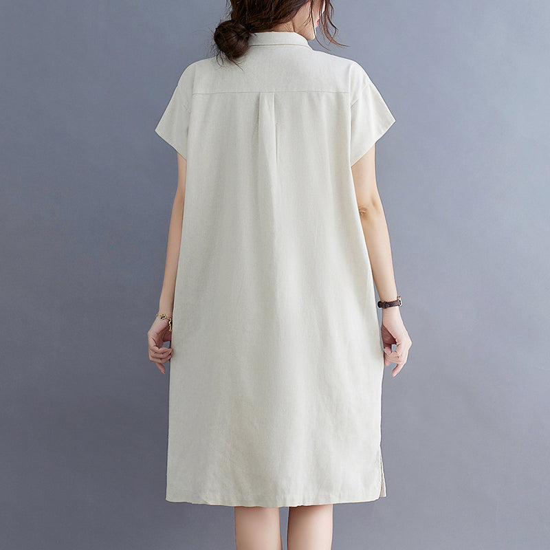 Plus Size Cotton Linen Pocket Polo Dress