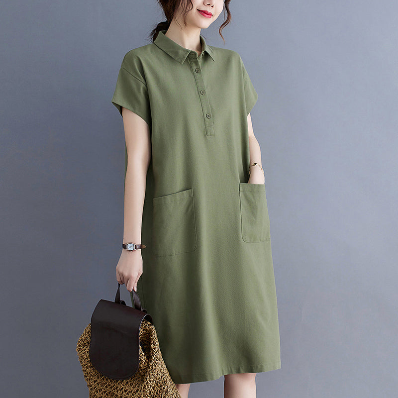 Plus Size Cotton Linen Pocket Polo Dress