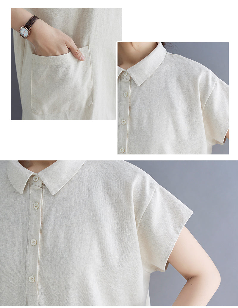 Plus Size Cotton Linen Pocket Polo Dress