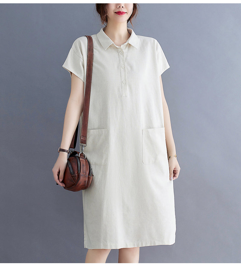 Plus Size Cotton Linen Pocket Polo Dress