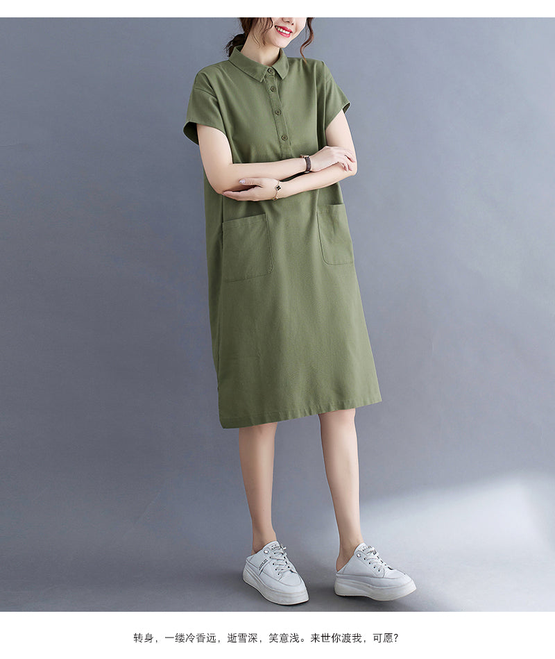 Plus Size Cotton Linen Pocket Polo Dress