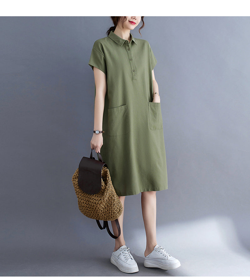 Plus Size Cotton Linen Pocket Polo Dress