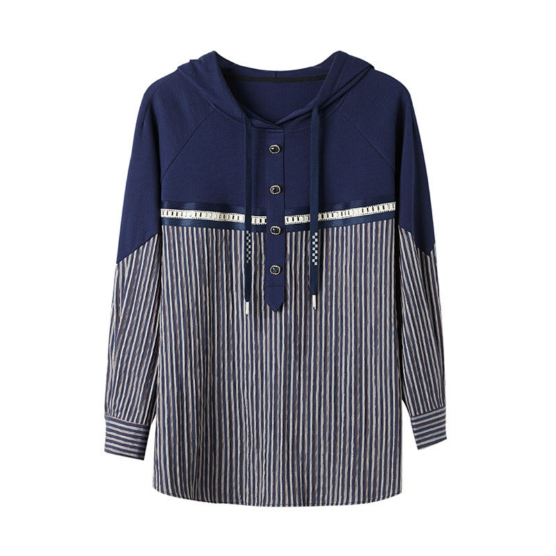 Plus Size Stripe Pattern Hoody Long Sleeve Top