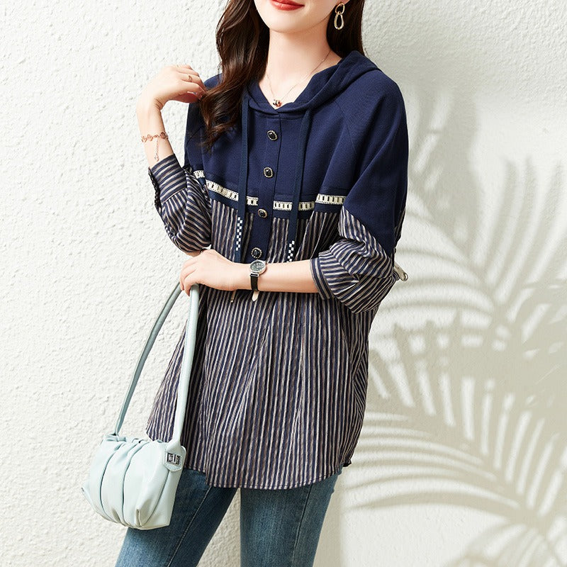 Plus Size Stripe Pattern Hoody Long Sleeve Top
