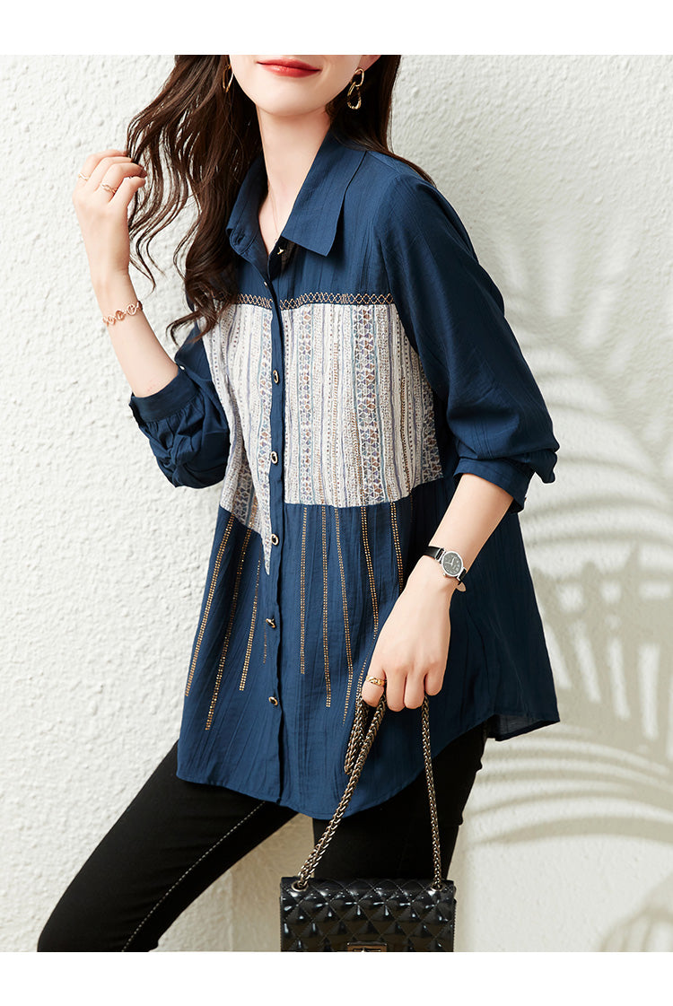 Plus Size Ethnic Pattern Long Sleeve Shirt Blouse