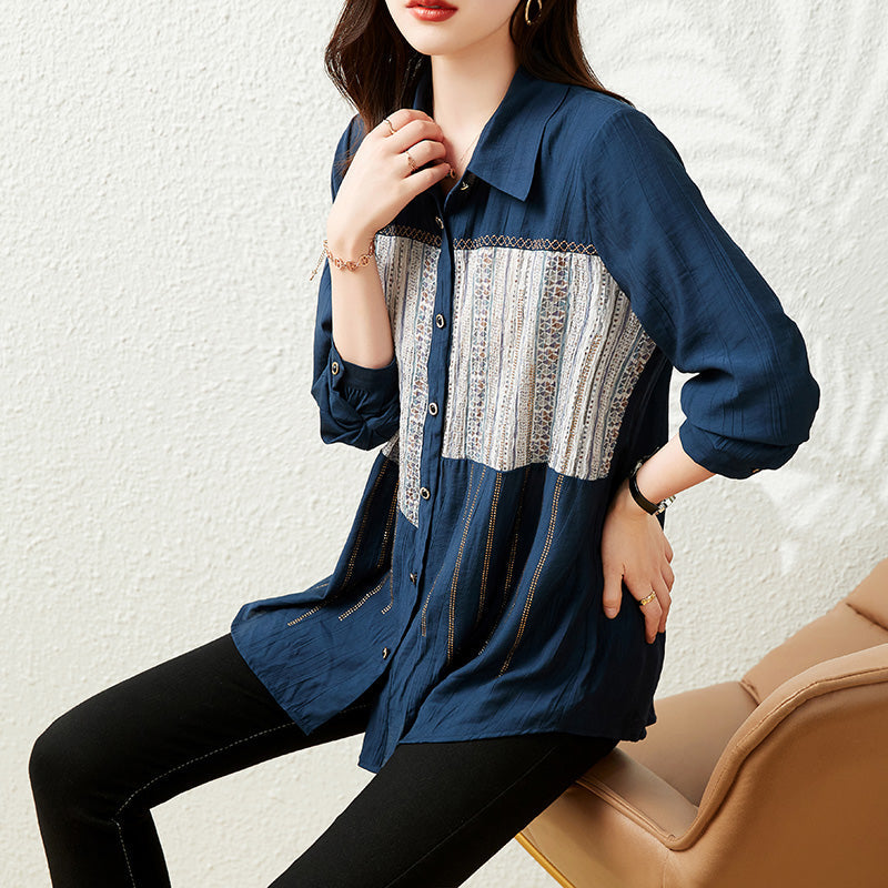 Plus Size Ethnic Pattern Long Sleeve Shirt Blouse