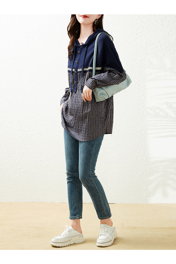 Plus Size Stripe Pattern Hoody Long Sleeve Top
