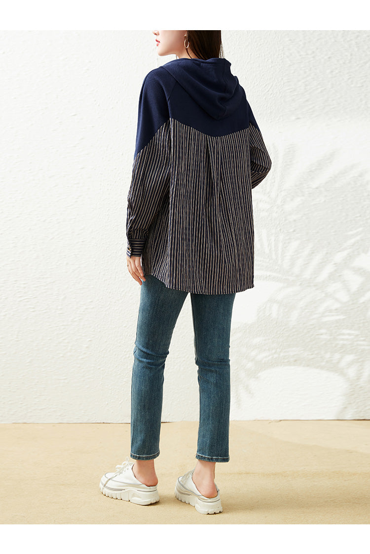 Plus Size Stripe Pattern Hoody Long Sleeve Top